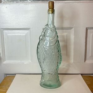 Vintage Clear Green Blue Fish Shaped Collectible Wine Bottle with Cork